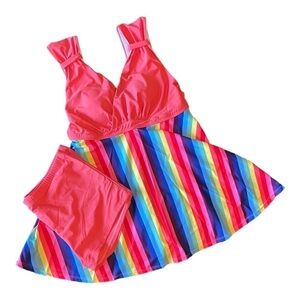 Modlily Rainbow Striped Swim Dress Swim‎ Suit Swim Short Set Women’s Large